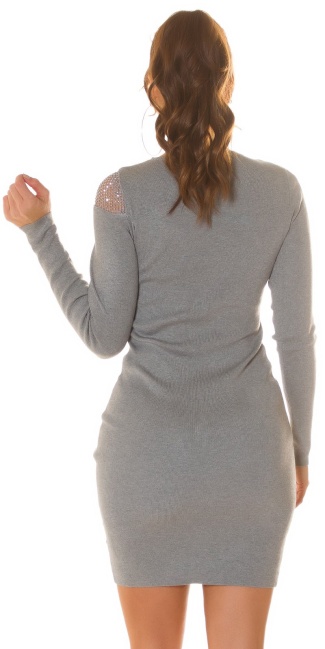 Gebreide jurk met net uitsparingen & glitter grijs